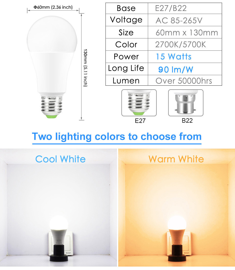 15W B22 E27 LED RGB Lamp 85-265V RGB+White Dimmable Timer Function Color Bulb WiFi Smart Light Bulb