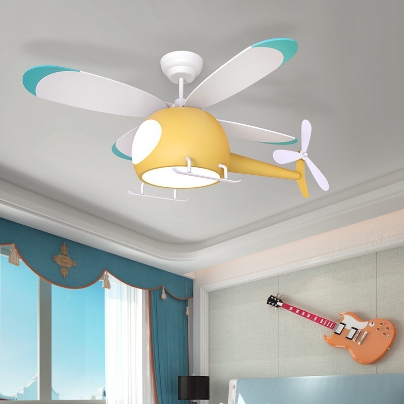 New Modern Fancy Helicopter Pendant Lamp Kids 4 Plywood Blades Remote Control Chandelier Fan With Light