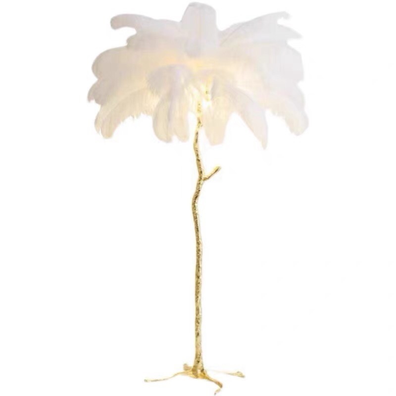 Modern Resin Copper Hotel Decoration Tree Standing Lights Nordic Luxury Ostrich Feather LED Floor Lamp