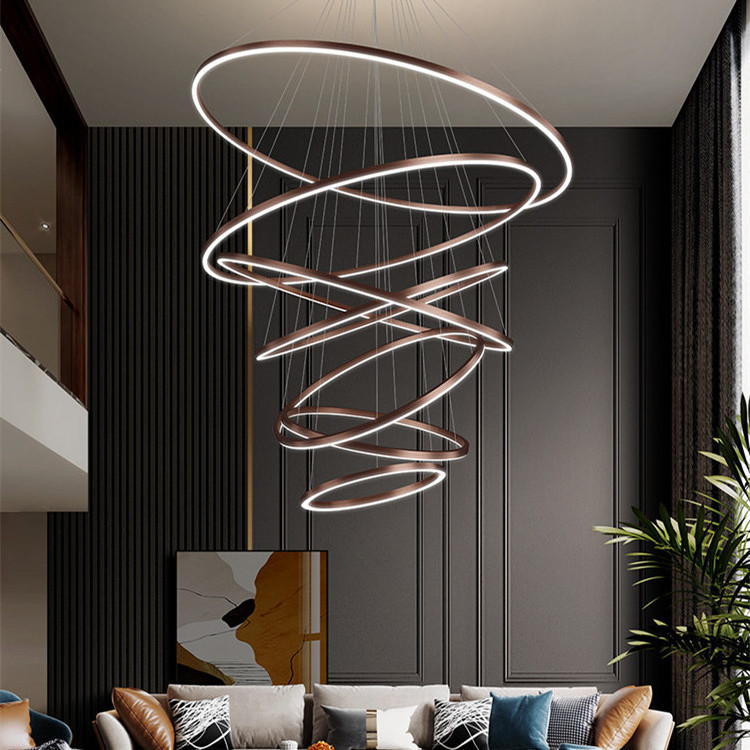 Black Bronze Gold Industrial High Ceiling Pendant Light Acrylic Modern Long Staircase Ring Circle Round Chandelier