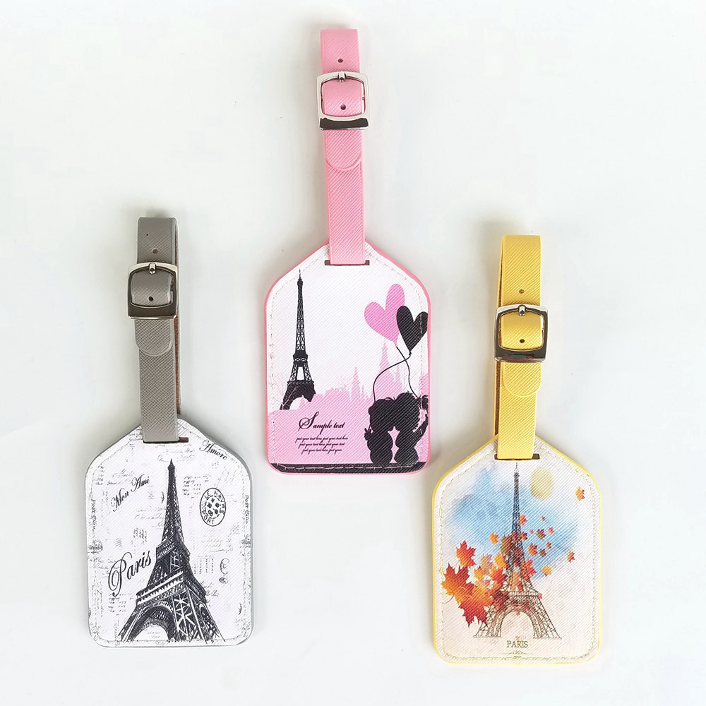 Wholesale cartoon romantic Eiffel Tower PU leather travel baggage bag tag luggage bag tag