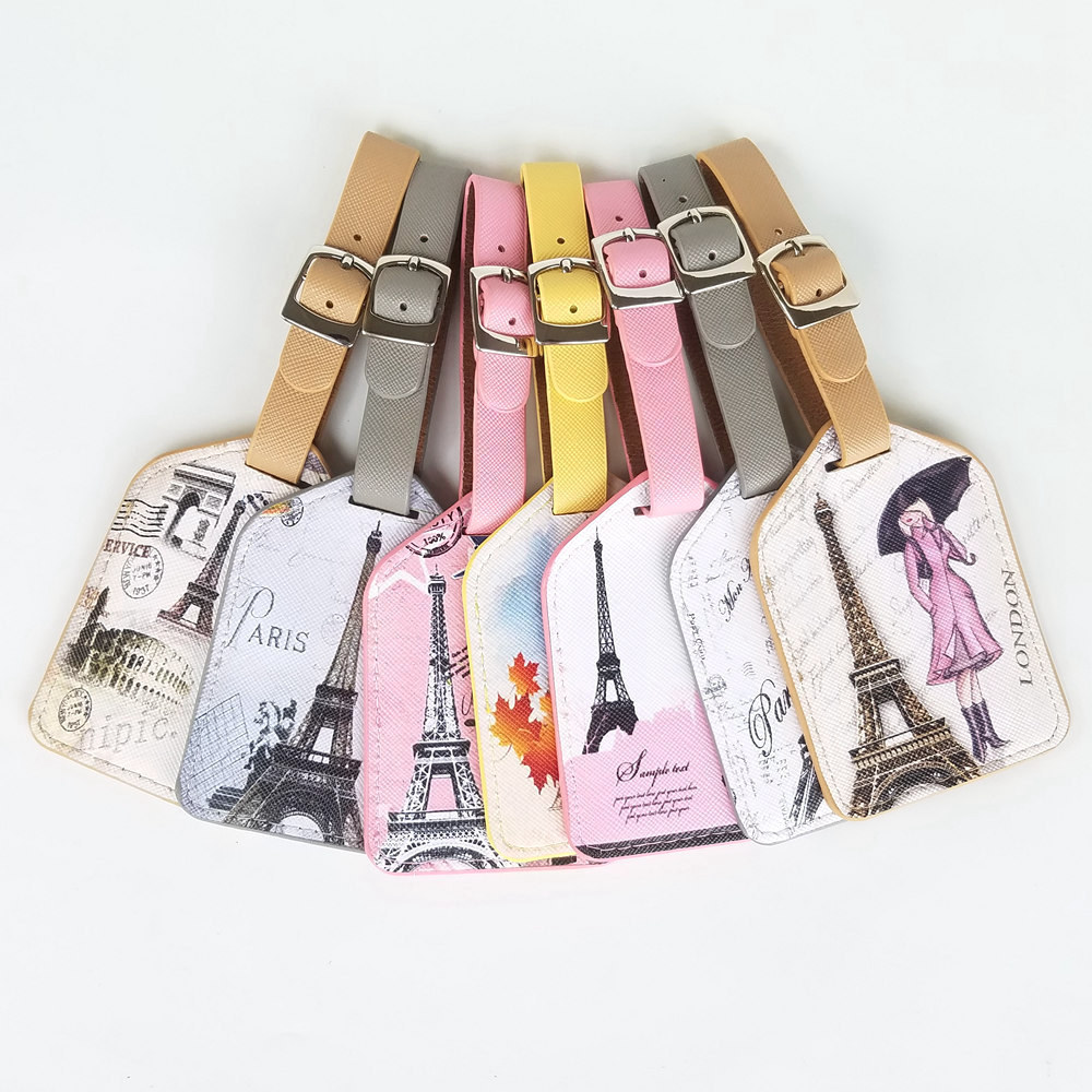 Wholesale cartoon romantic Eiffel Tower PU leather travel baggage bag tag luggage bag tag