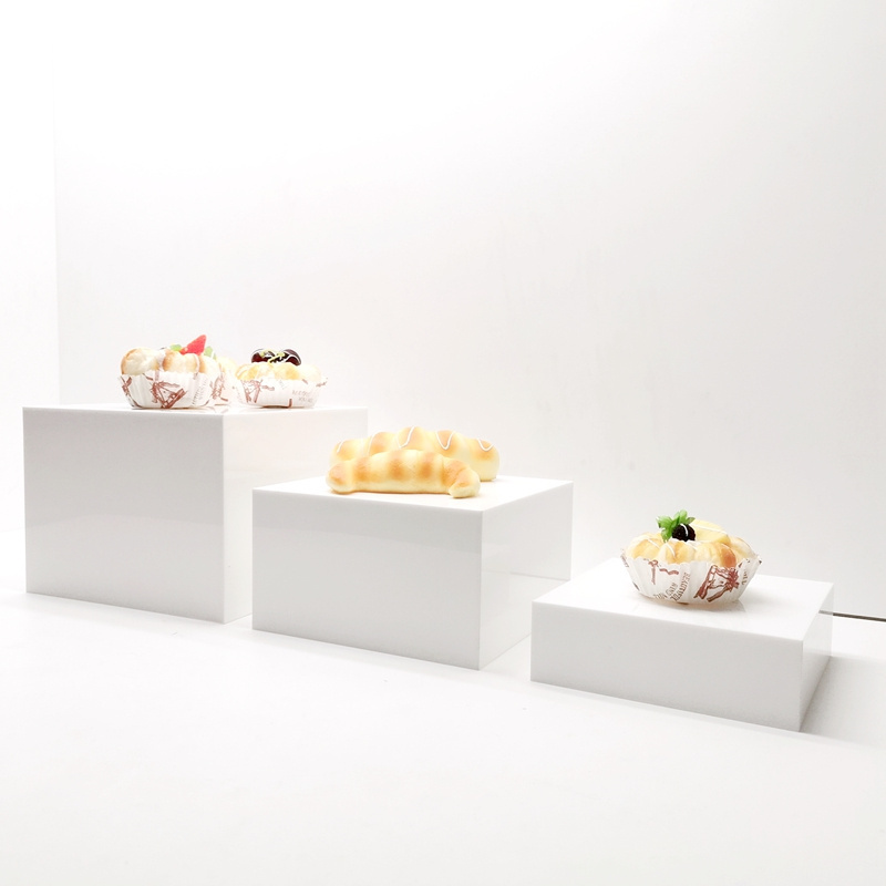 Hot Selling Acrylic Pentahedral Food Fruit Display holder riser White Square Stepped Type Display Box & Stand