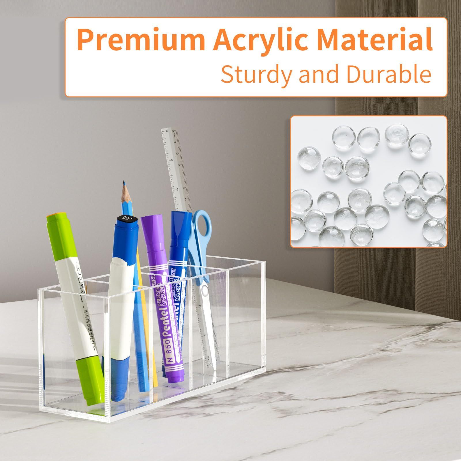 Acrylic Pen Holder 4 Compartments Clear Pencil Organizer Cup for Countertop Desk Accessory Storage