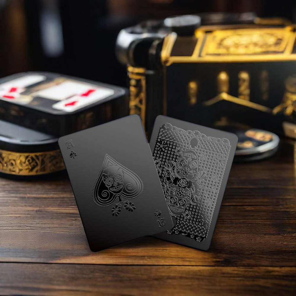 Professional Custom Printed Black Gold Foil Poker Playing Cards with Gift Box Plastic Material Customizable Logo