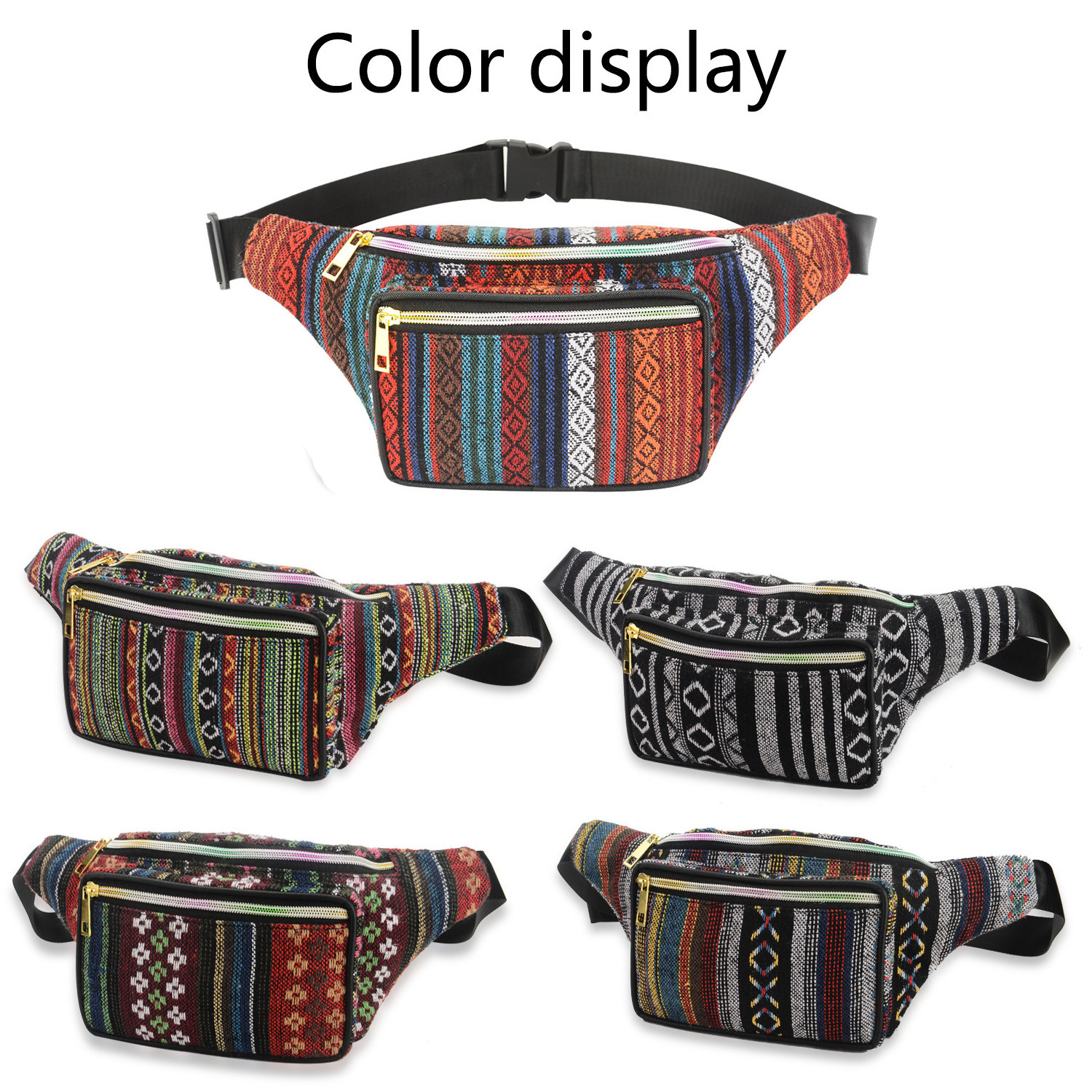 Wholesale Ladies Leisure Festival Tribal Stripe Waist Belt Fanny Pack Folk Style Side Hip Bag Women