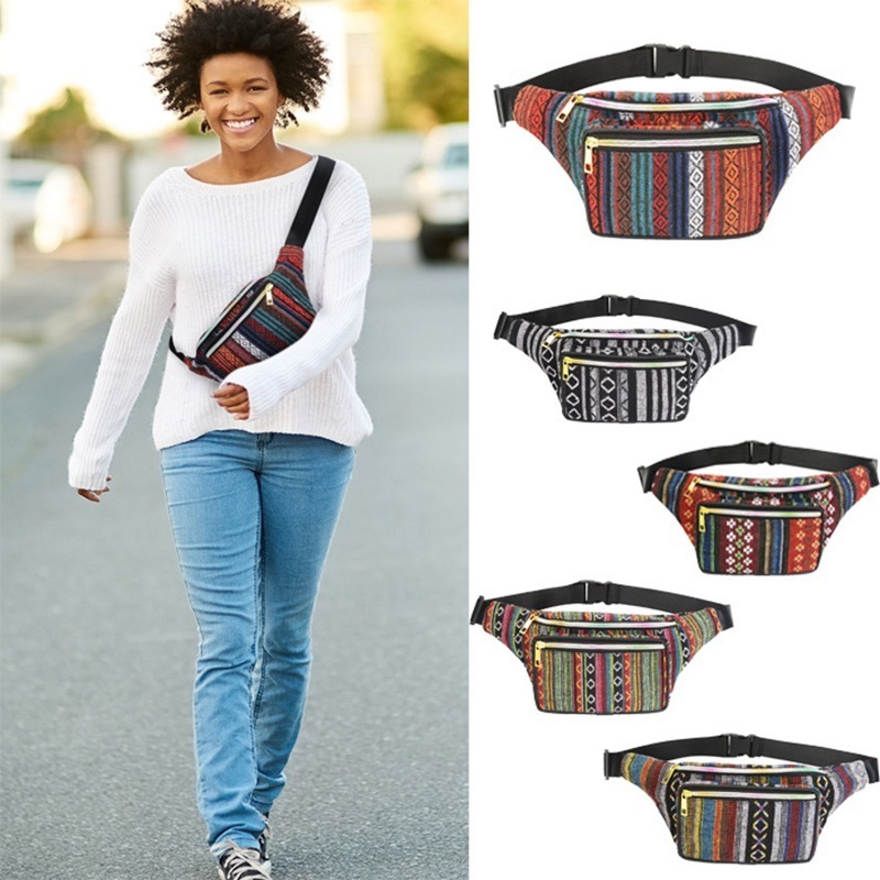 Wholesale Ladies Leisure Festival Tribal Stripe Waist Belt Fanny Pack Folk Style Side Hip Bag Women