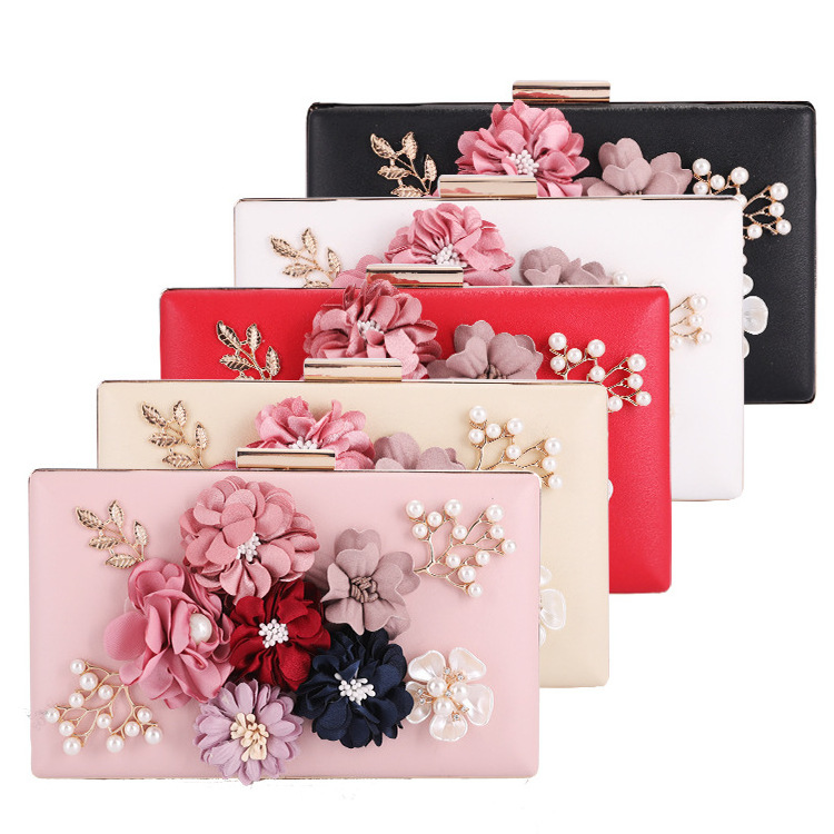 Handmade Flower Embroidery Beads Classic Fashion Acrylic Box Evening Purse Ladies Clutch Bridal Bags Wedding