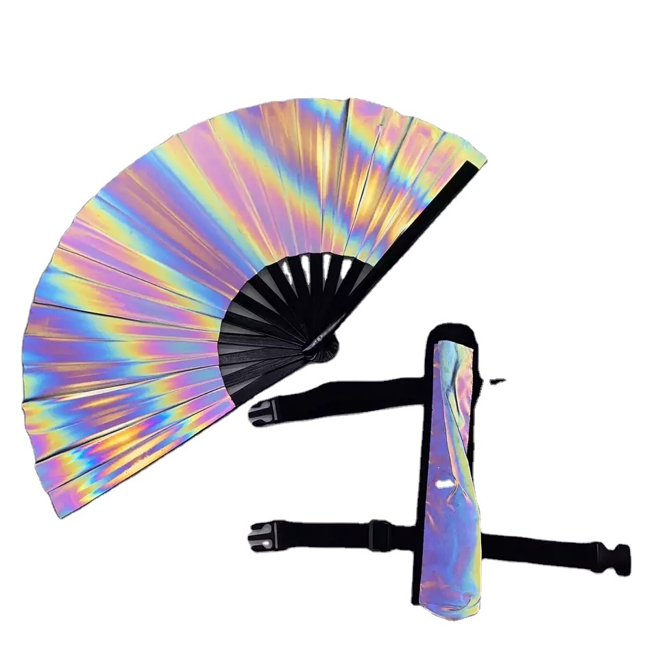 2023 New Style flash Large Hand fan Holographic fan with Iridescence Bag