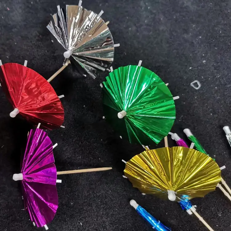 Aluminum Foil Wooden Sticks Decorative Cocktail Umbrella With Parasol