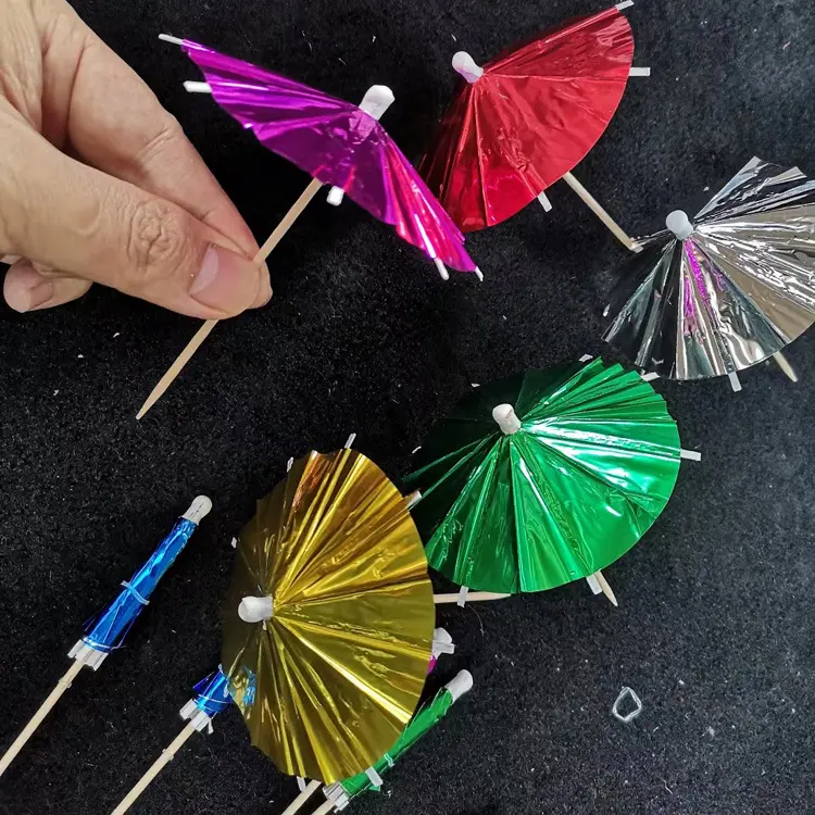 Aluminum Foil Wooden Sticks Decorative Cocktail Umbrella With Parasol