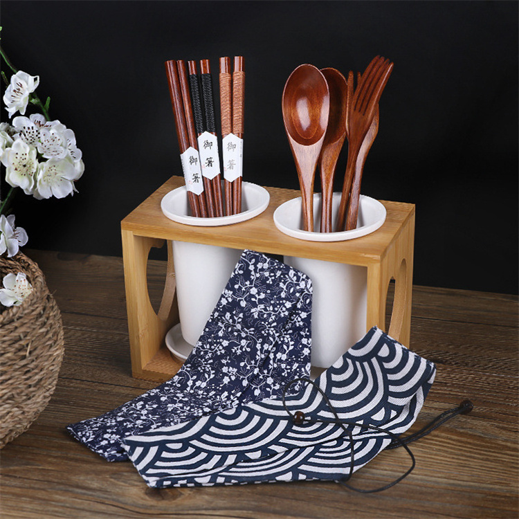 Japanese styles Anti-scald Stirring Kitchen solid Nanmu Wood Flatware  Wooden Spoon Fork Chopsticks Portable Cutlery Set