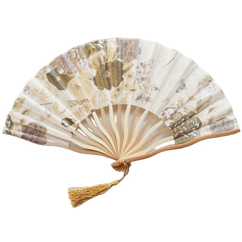 Portable Flower Silk Folding Wedding Favour Japanese Style Ladies of dragon rib bamboo Fabric Hand Fans with tassel