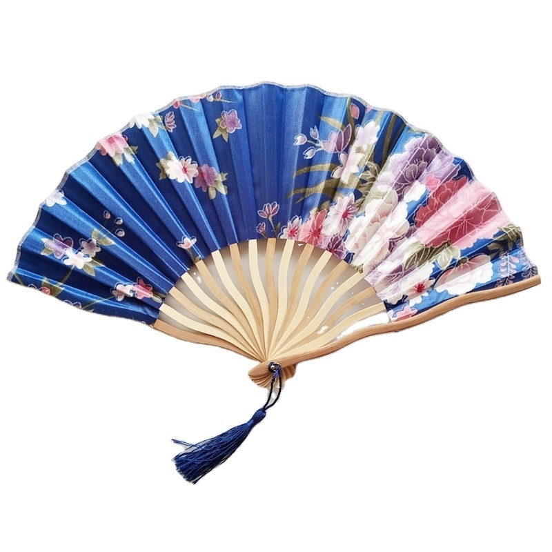 Portable Flower Silk Folding Wedding Favour Japanese Style Ladies of dragon rib bamboo Fabric Hand Fans with tassel