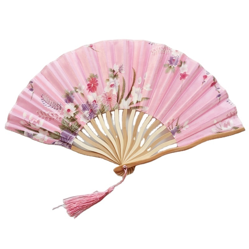 Portable Flower Silk Folding Wedding Favour Japanese Style Ladies of dragon rib bamboo Fabric Hand Fans with tassel