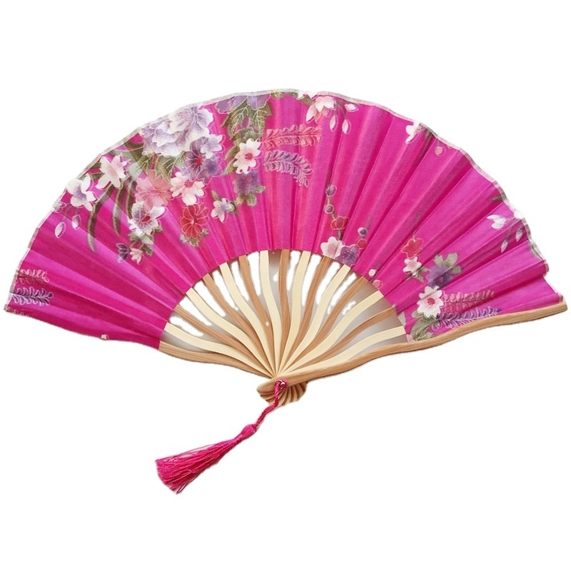 Portable Flower Silk Folding Wedding Favour Japanese Style Ladies of dragon rib bamboo Fabric Hand Fans with tassel