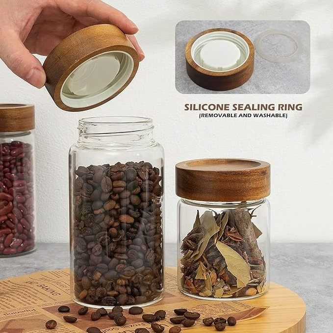 28oz Airtight Lids coffee container with Wooden Lid Small Glass Storage Jars with Wooden Lid Glass Pantry for Beans Rice Sugar