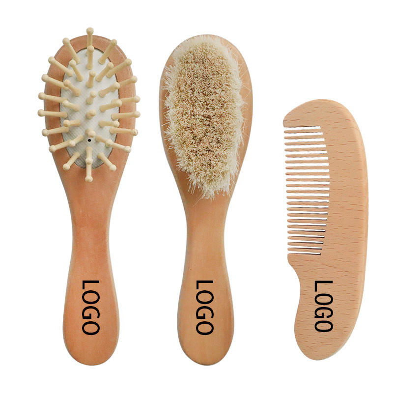 Wholesale Custom Logo Small Wool Brush Eco-friendly Baby Wooden Hair Brush and Comb Set Handmade Baby Wood Cushion Hairbrush