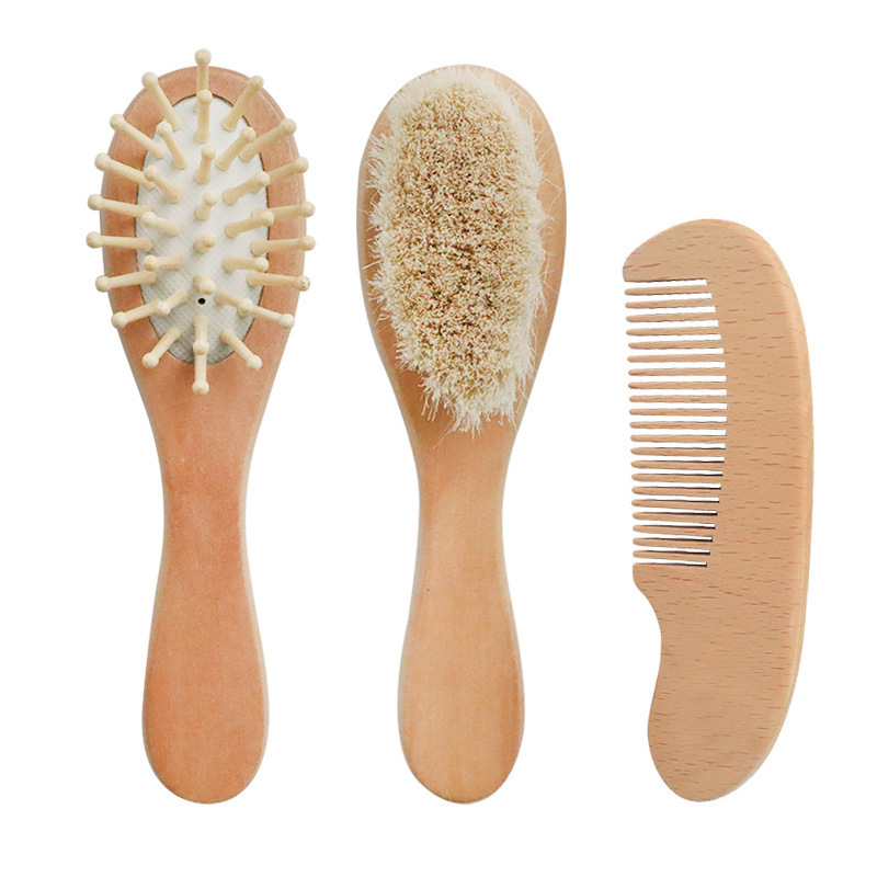 Wholesale Custom Logo Small Wool Brush Eco-friendly Baby Wooden Hair Brush and Comb Set Handmade Baby Wood Cushion Hairbrush