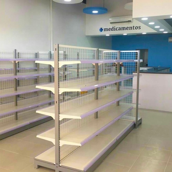 pharmacy used wire gondola supermarket shelving mesh back shelves