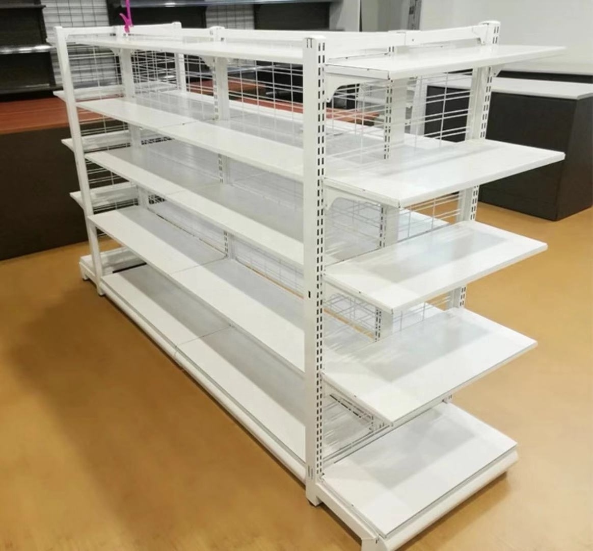 pharmacy used wire gondola supermarket shelving mesh back shelves