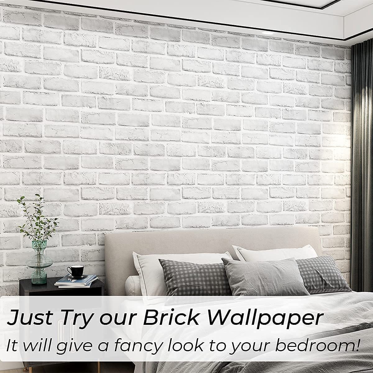 Brick Wallpaper Peel and Stick White 17.5x118.1 Inches for Bedroom Faux Brick Kitchen Cabinets Backsplash Fireplace Laundry Room