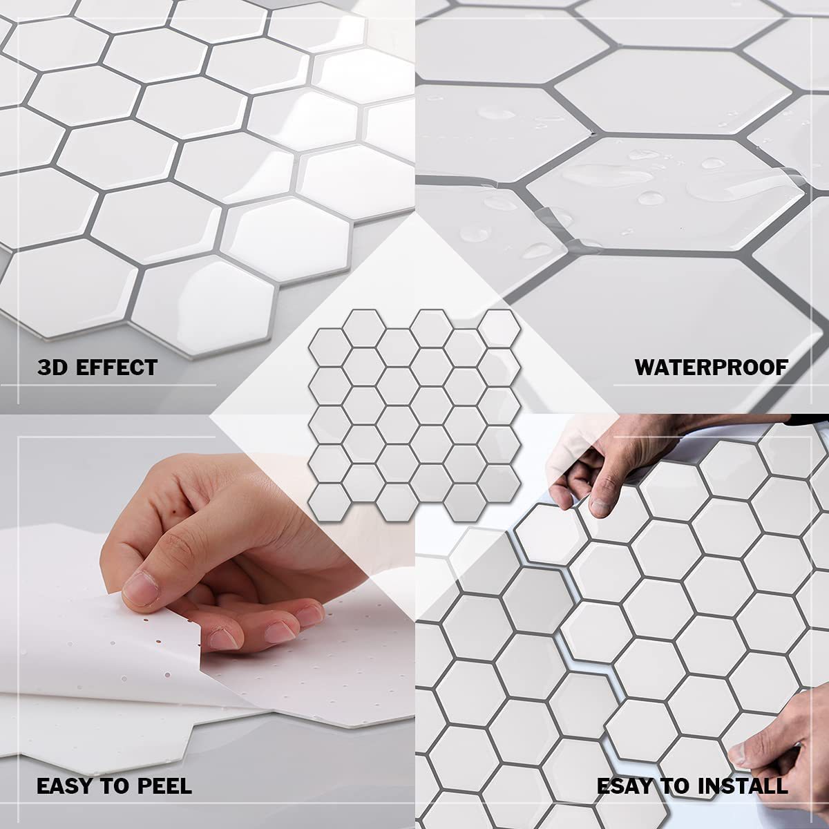 Hexagon waterproof peel and stick wall tile for kitchen bathroom backsplash