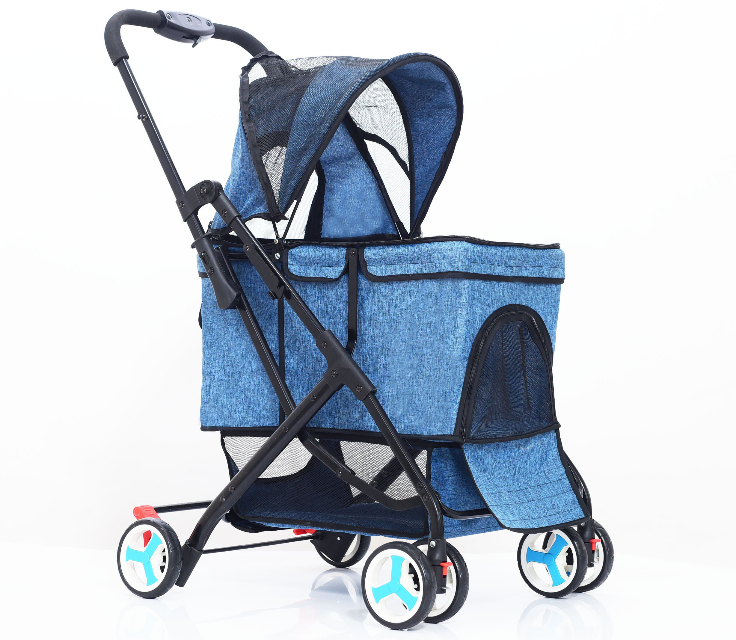 4-wheel automatic folding pet cat and dog stroller with detachable strap-mesh window