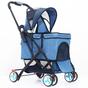 4-wheel automatic folding pet cat and dog stroller with detachable strap-mesh window