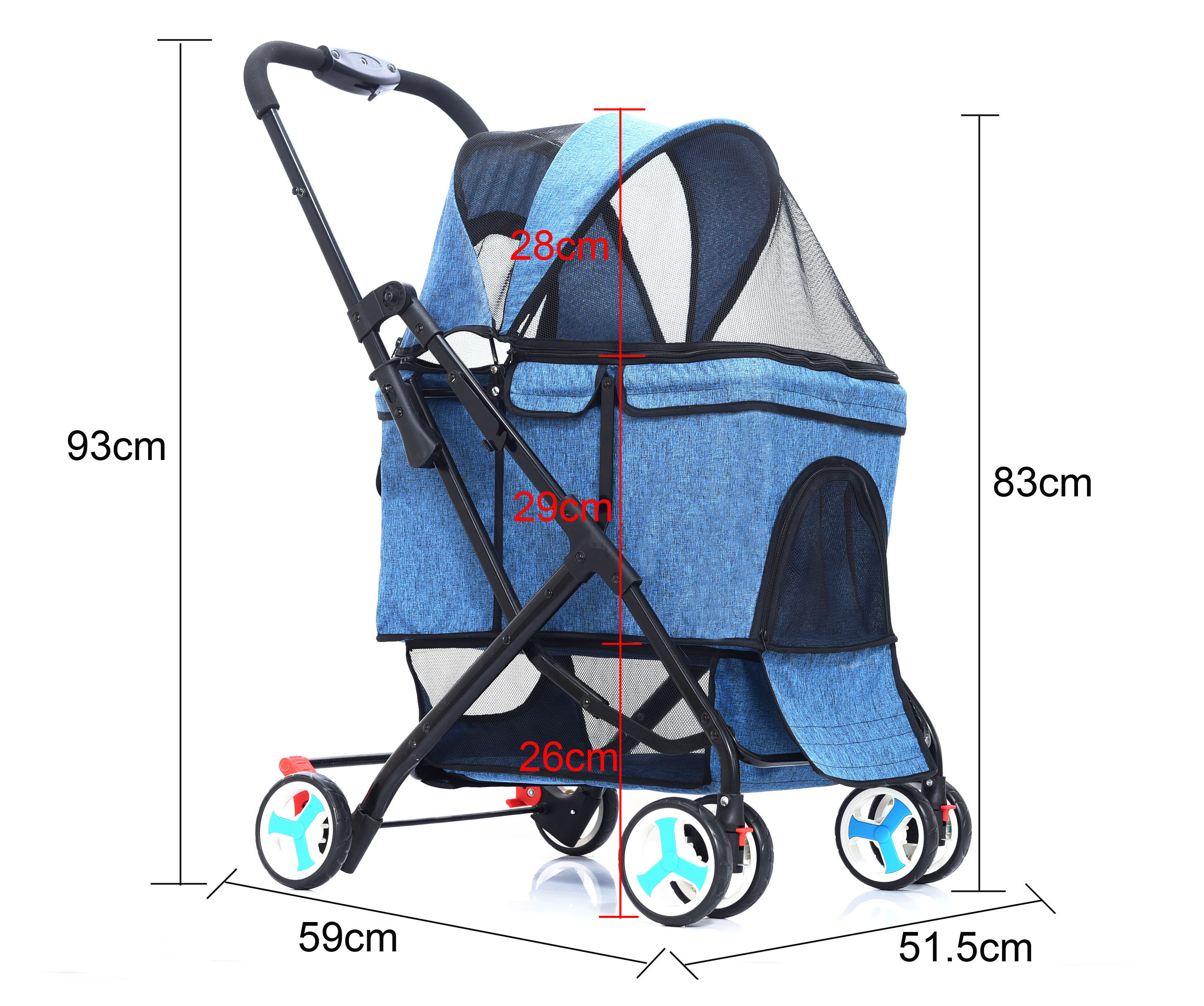 4-wheel automatic folding pet cat and dog stroller with detachable strap-mesh window