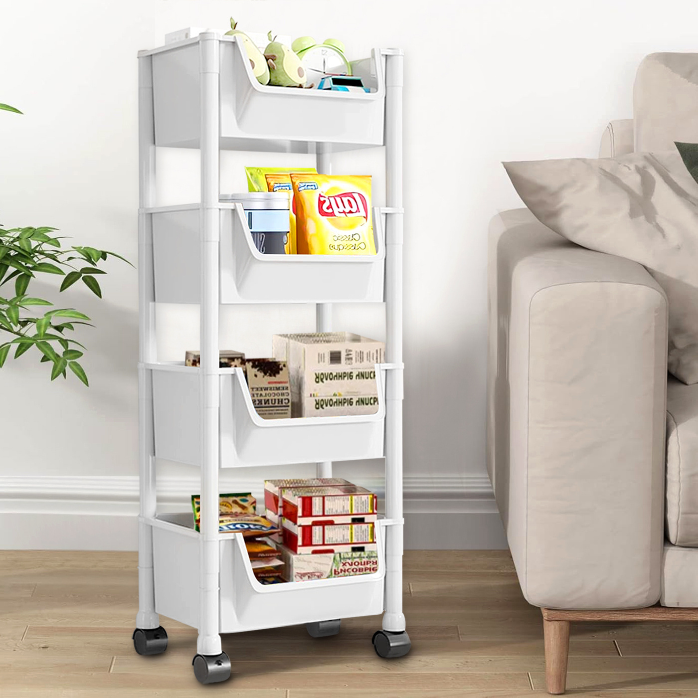 Hot Sale Bathroom Corner Kitchen Holder Rolling Utility Cart 4 Layer White Open Storage Shelf with Wheels