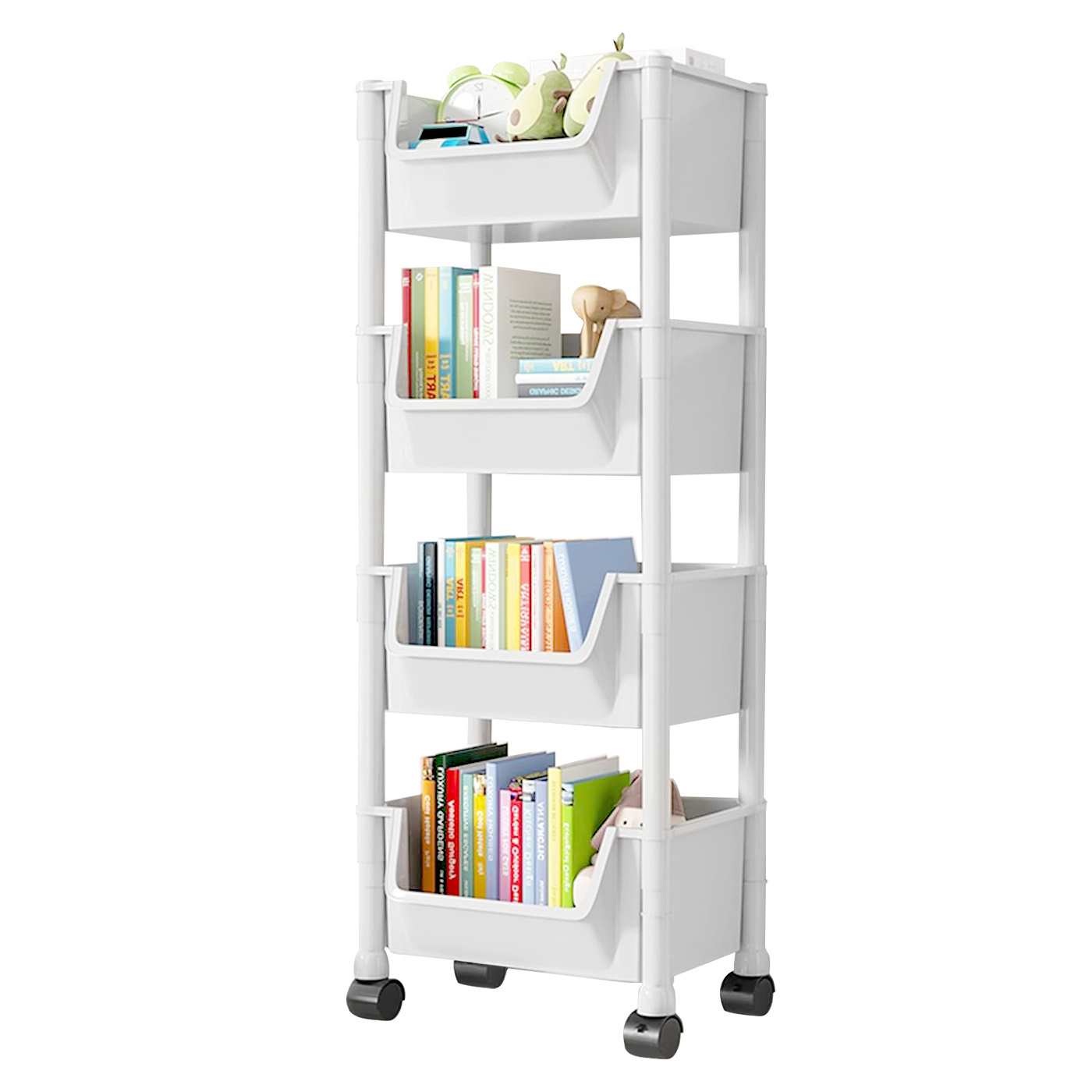 Hot Sale Bathroom Corner Kitchen Holder Rolling Utility Cart 4 Layer White Open Storage Shelf with Wheels