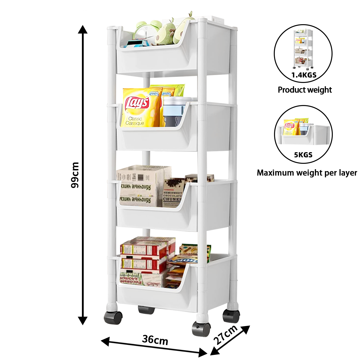 Hot Sale Bathroom Corner Kitchen Holder Rolling Utility Cart 4 Layer White Open Storage Shelf with Wheels