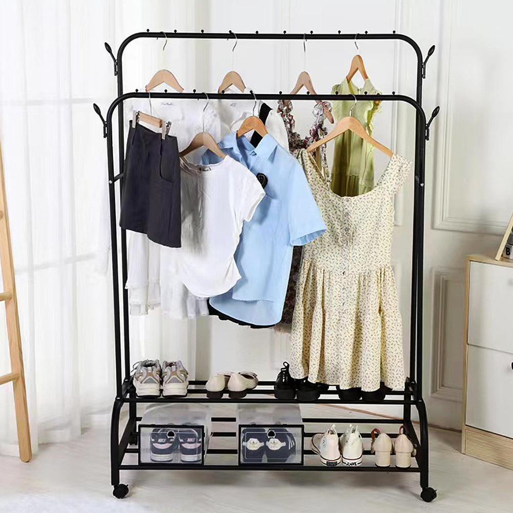 Double Rod Storage Space Hanging Clothes Rack Bedroom Level Roller Coat Rack With Shelves And Side Hooks