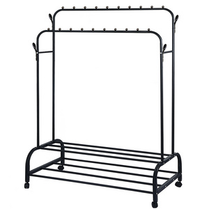 Double Rod Storage Space Hanging Clothes Rack Bedroom Level Roller Coat Rack With Shelves And Side Hooks