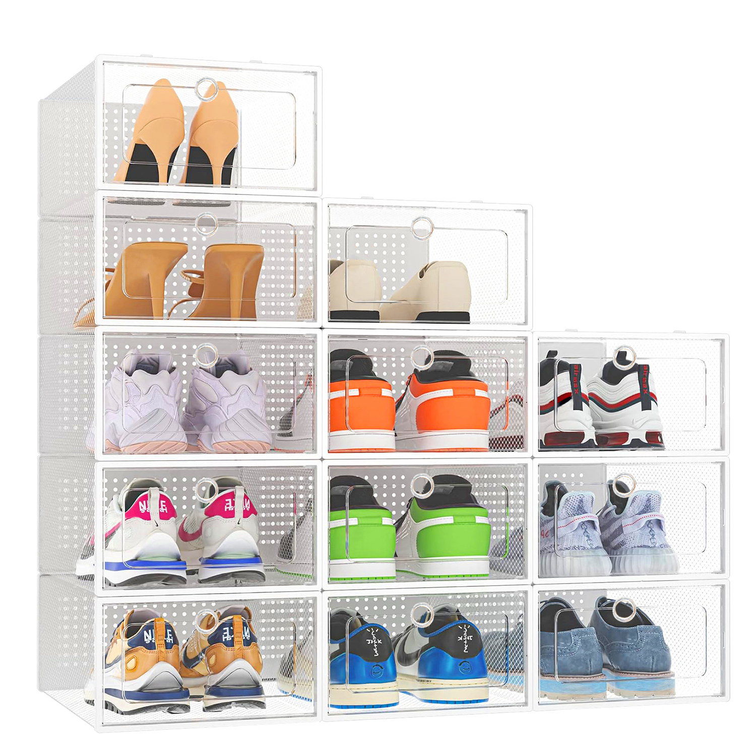 Wholesale Stackable Shoes Box Plastic Storage Clear Drop Front Shoe Box Shoe Organizer with Round Hole