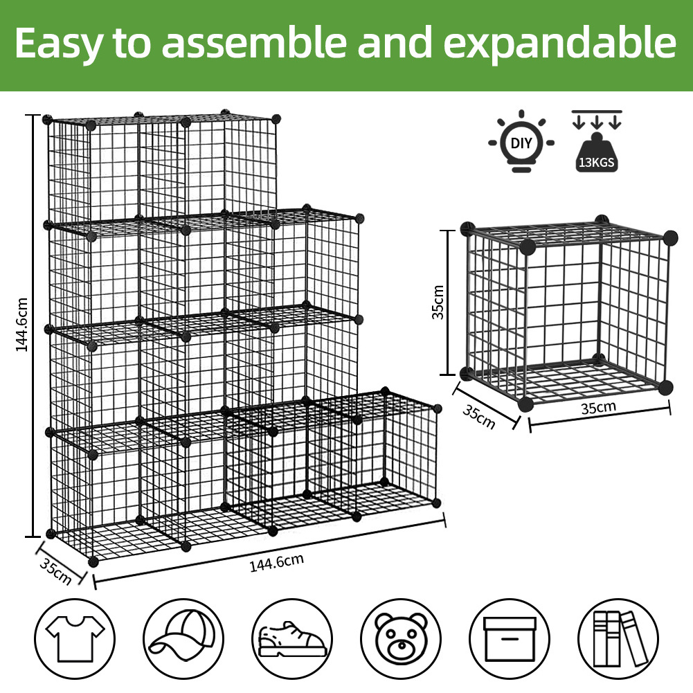 Factory direct sale Diy 12 Cube Metal Wire Storage Organizer Mesh Shelves For Books Toys Bags