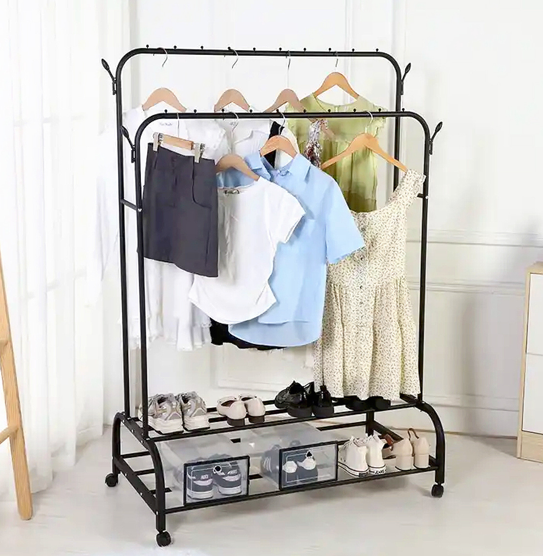 Double Rod Storage Space Hanging Clothes Rack Bedroom Level Roller Coat Rack With Shelves And Side Hooks