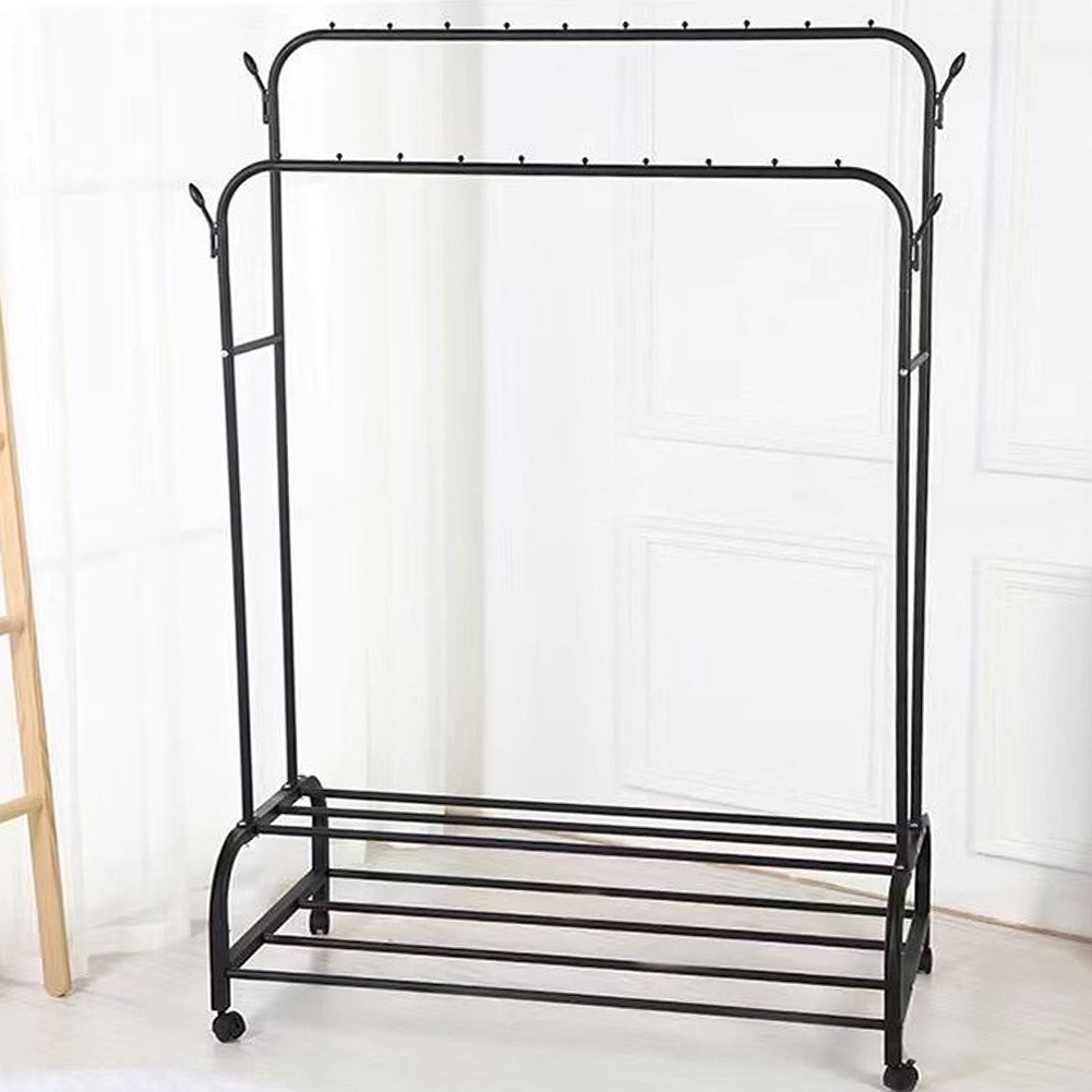 Double Rod Storage Space Hanging Clothes Rack Bedroom Level Roller Coat Rack With Shelves And Side Hooks