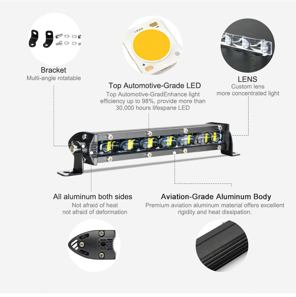 6D 8'' Spotlight LED Light Bar Offroad Slim Barra LED Work Light Bar for Truck Atv Car Driving Fog Light Accessories 4x4