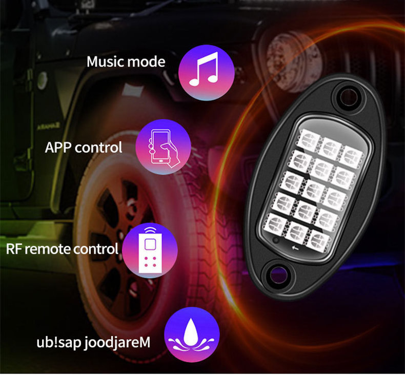 15LEDS RGB LED Rock Lights For Jeep Off-Road Truck Boat Music Sync Undergolw 4/6/8 In 1 Bluetooth APP Control Car Chassis Light