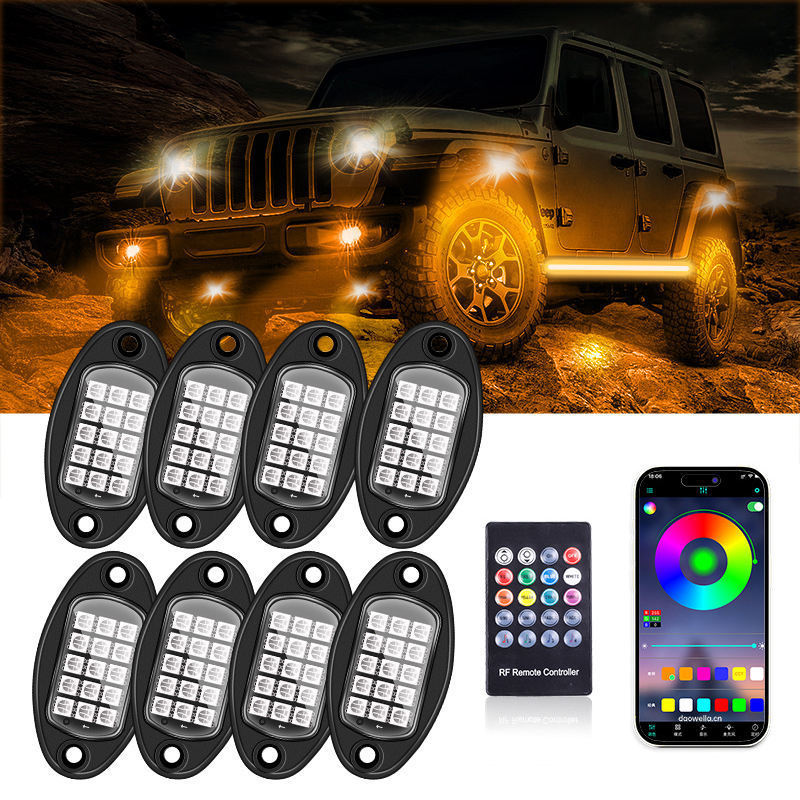 15LEDS RGB LED Rock Lights For Jeep Off-Road Truck Boat Music Sync Undergolw 4/6/8 In 1 Bluetooth APP Control Car Chassis Light