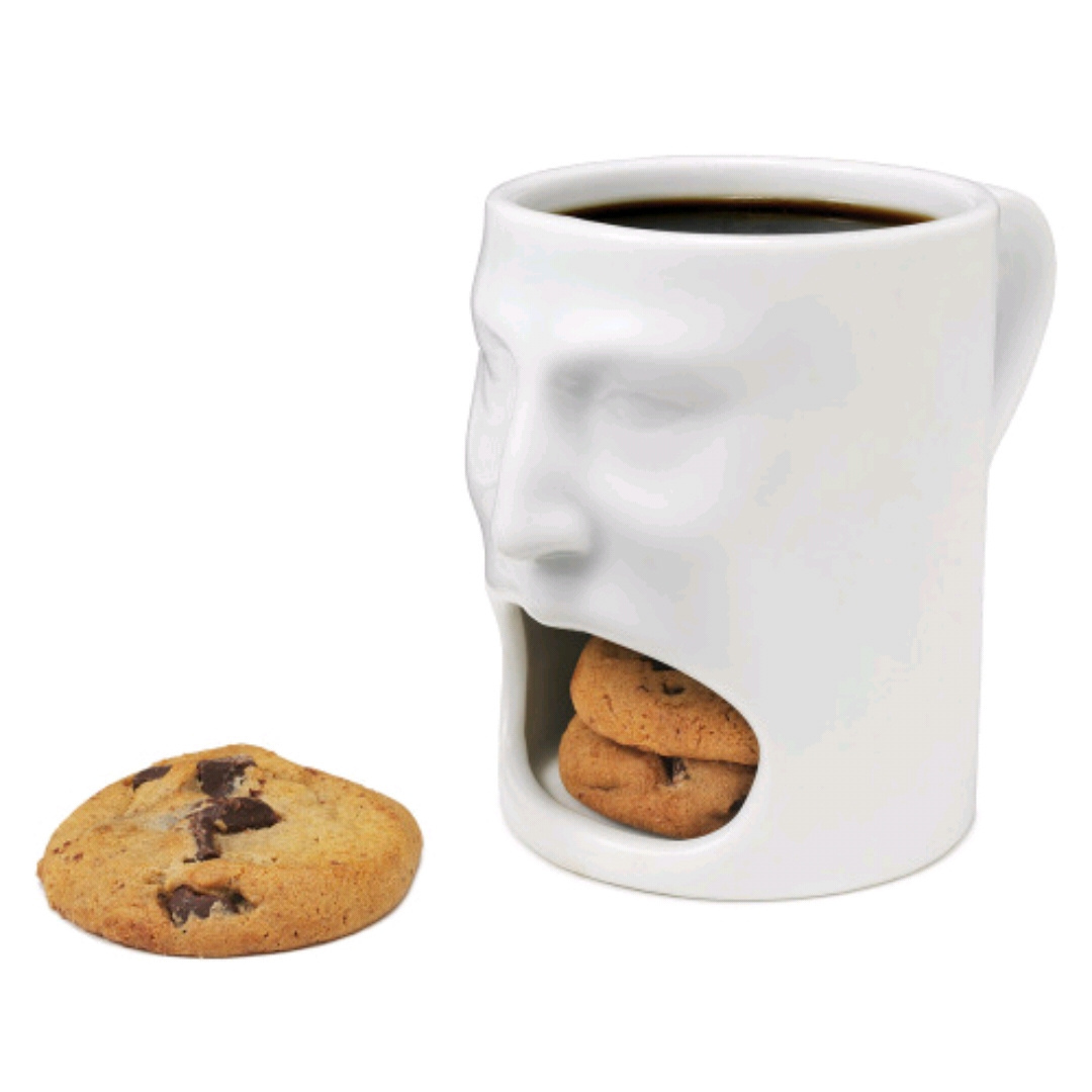 Breakfast white monster tea bag dessert coffee milk and cookie biscuits ceramic 3d funny face mugs with pockets cookie holder