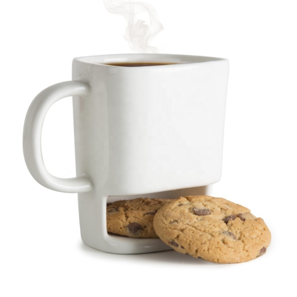 Breakfast white monster tea bag dessert coffee milk and cookie biscuits ceramic 3d funny face mugs with pockets cookie holder