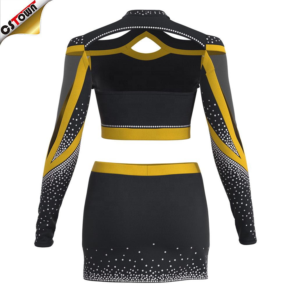 New Arrivals Digital Print Yellow and Black Cheerleading Uniforms 2 Piece Cheerleader Costume