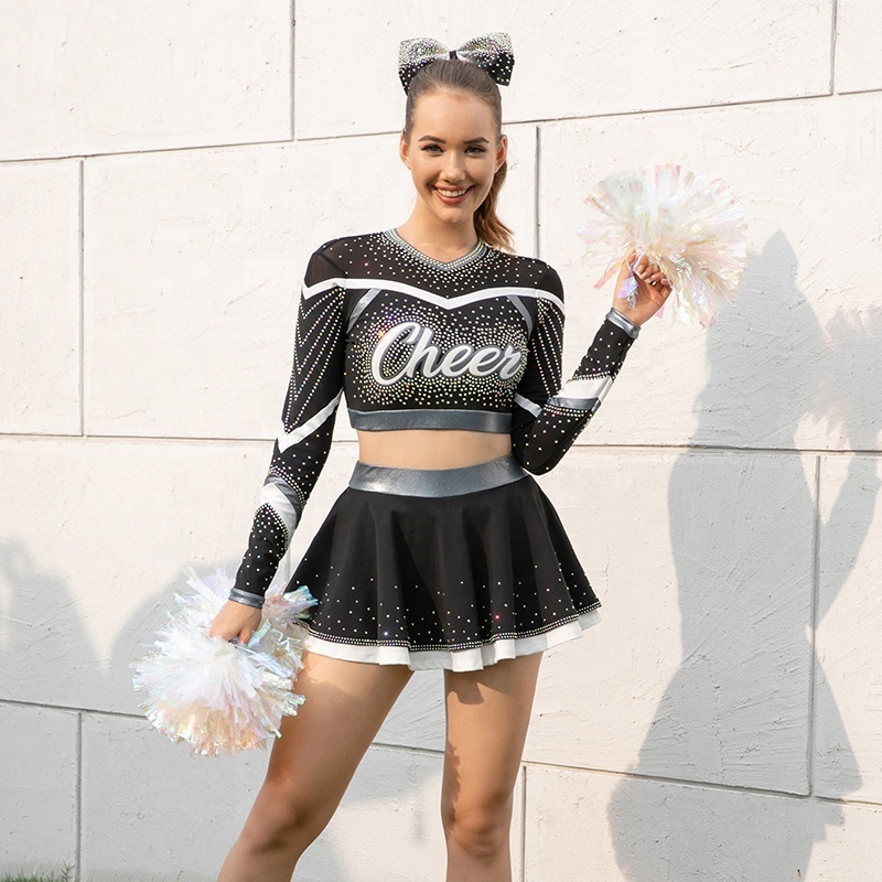 Wholesale Custom Design Cheer Dance Costumes Long Sleeves Cheerleading Uniforms Black