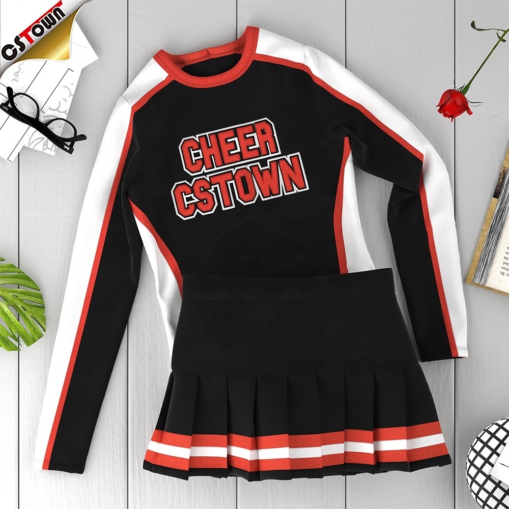 Custom Style Cheer Uniforms Orange Black Red Custom Cheerleading Skirt Shell Top for Cheerleaders