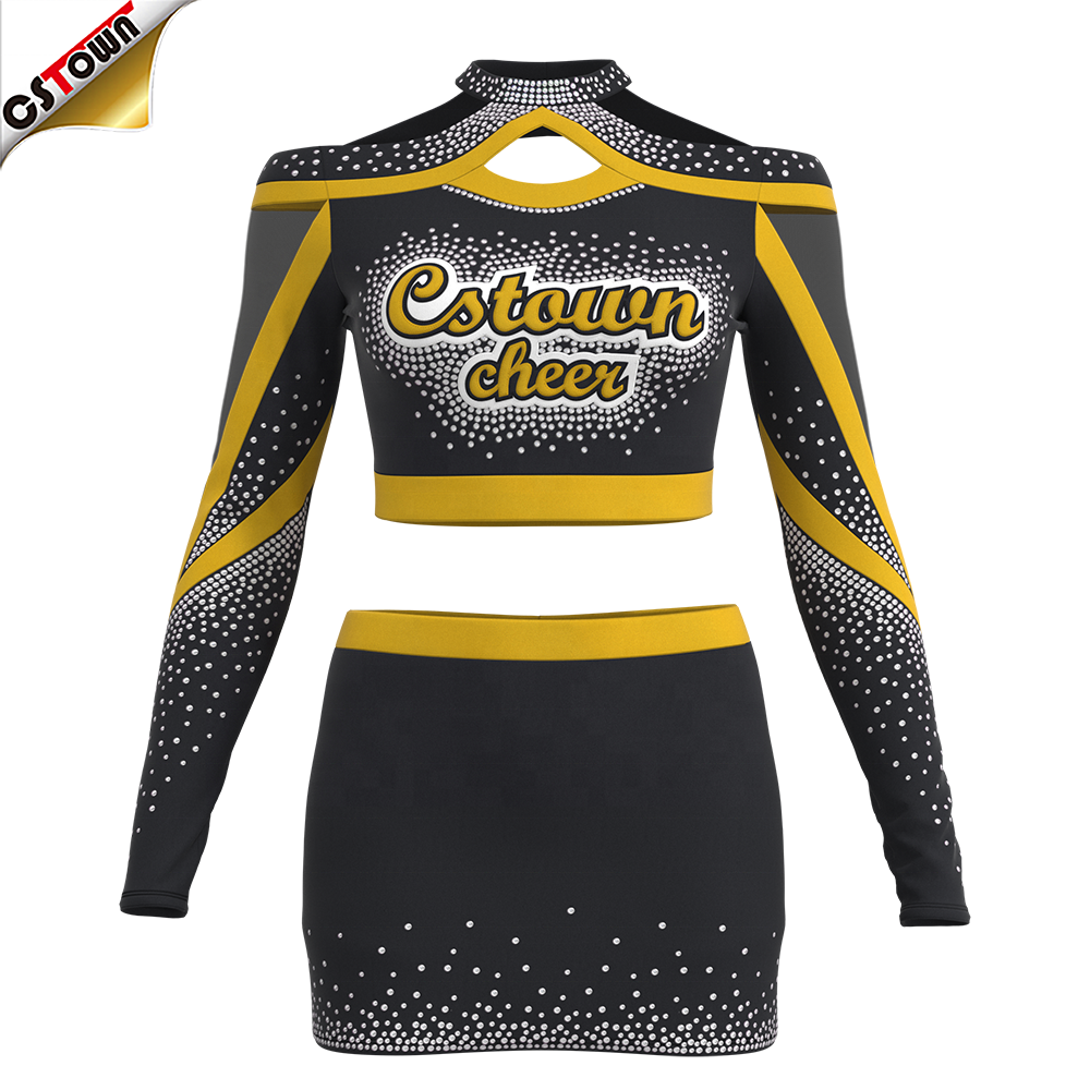 New Arrivals Digital Print Yellow and Black Cheerleading Uniforms 2 Piece Cheerleader Costume