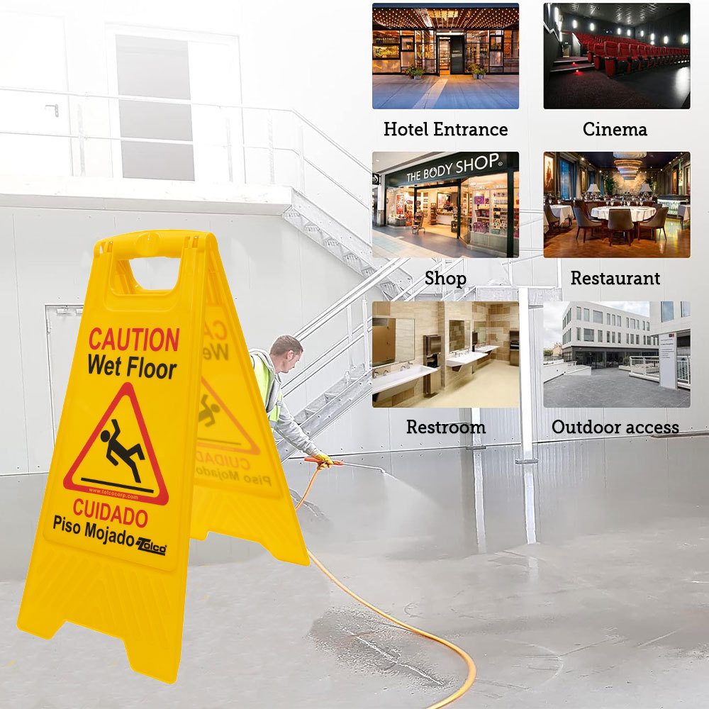 Plastic 24 inch Double Side Yellow Caution Wet Floor Sign Bilingual Foldable Sturdy Warning Sign for Commercial Use