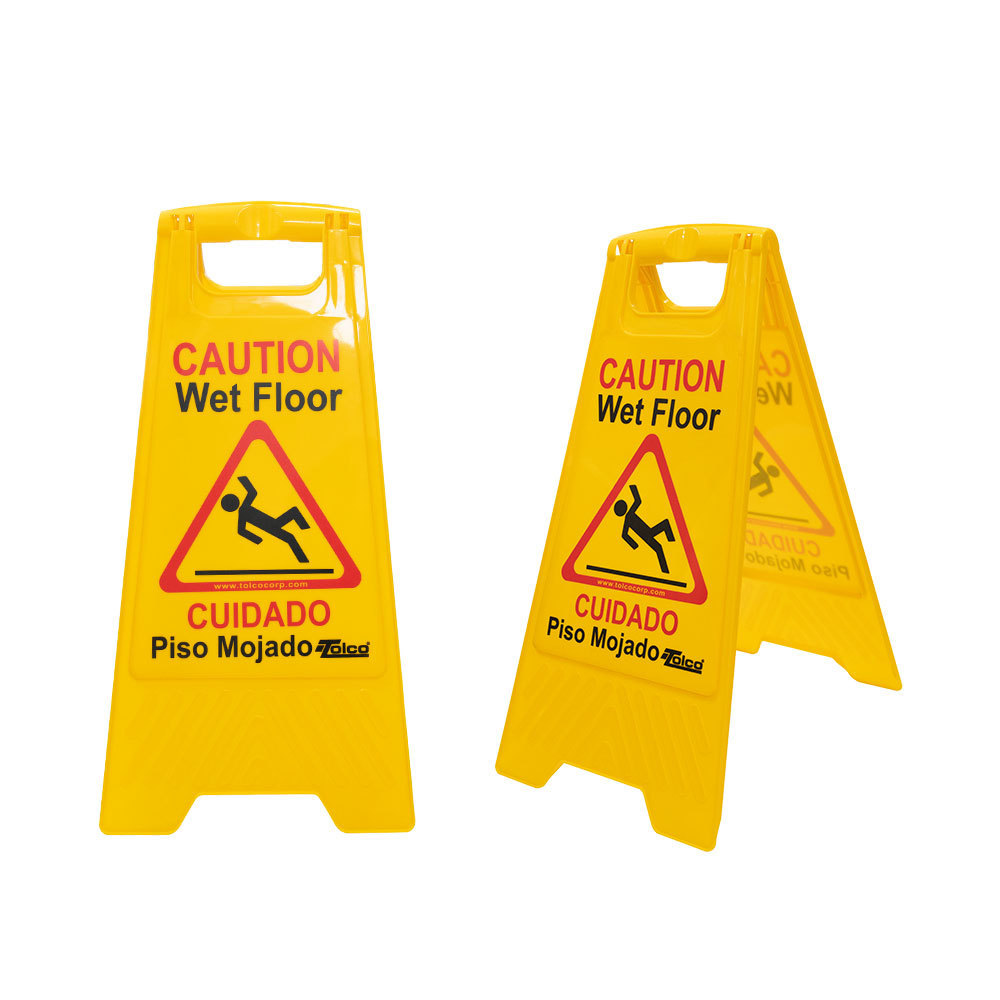 Plastic 24 inch Double Side Yellow Caution Wet Floor Sign Bilingual Foldable Sturdy Warning Sign for Commercial Use